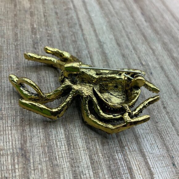 Spider Insect Black Red Rhinestone Gold Tone Brooch Pendant - Picture 4 of 8